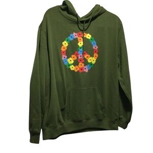 The Phluid Project Peace Sign Flower Print Hoodie Olive Green Pullover Size L